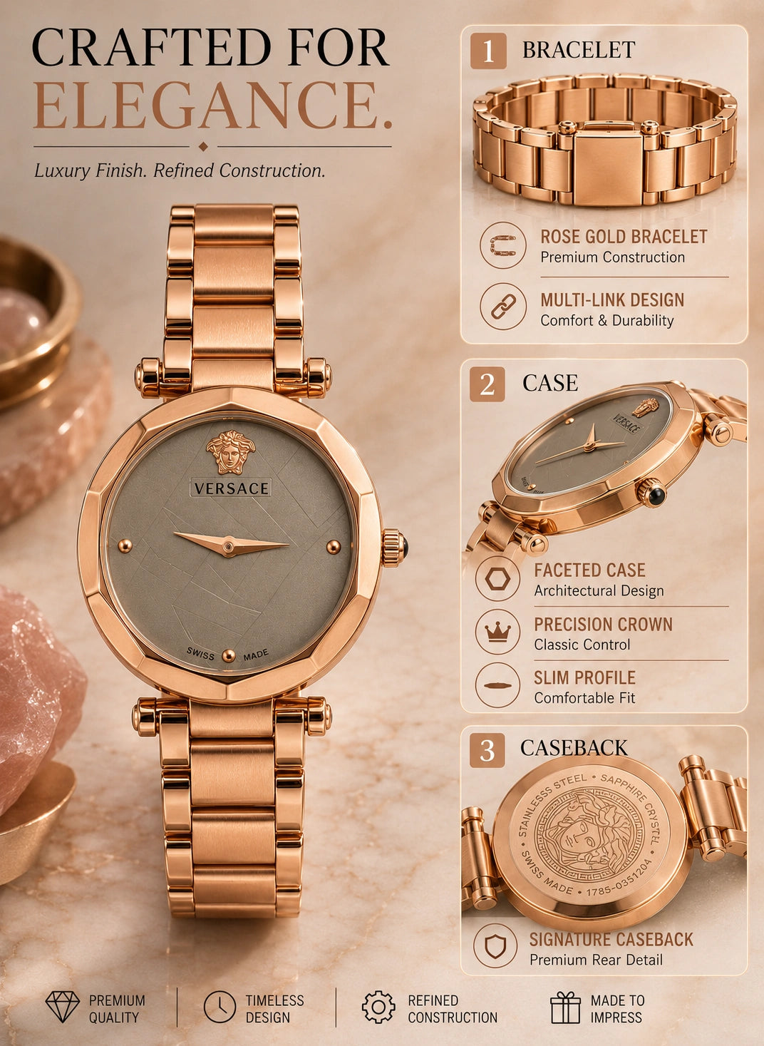 Versace Women's Rose Gold Analog Watch | Champagne Dial | Premium Stainless Steel Bracelet | Elegant Luxury Fashion Watch