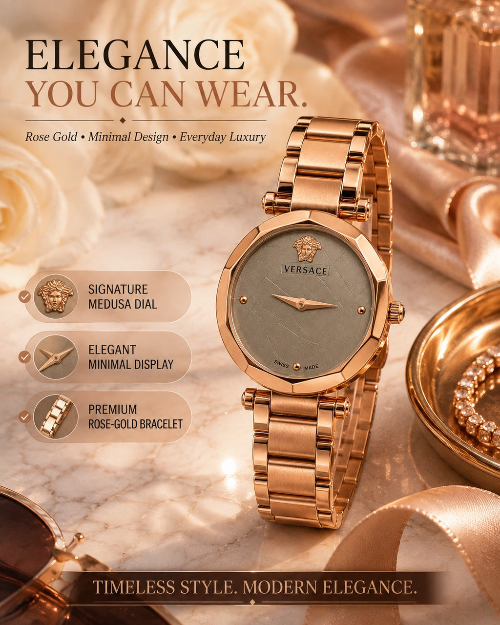 Versace Women's Rose Gold Analog Watch | Champagne Dial | Premium Stainless Steel Bracelet | Elegant Luxury Fashion Watch