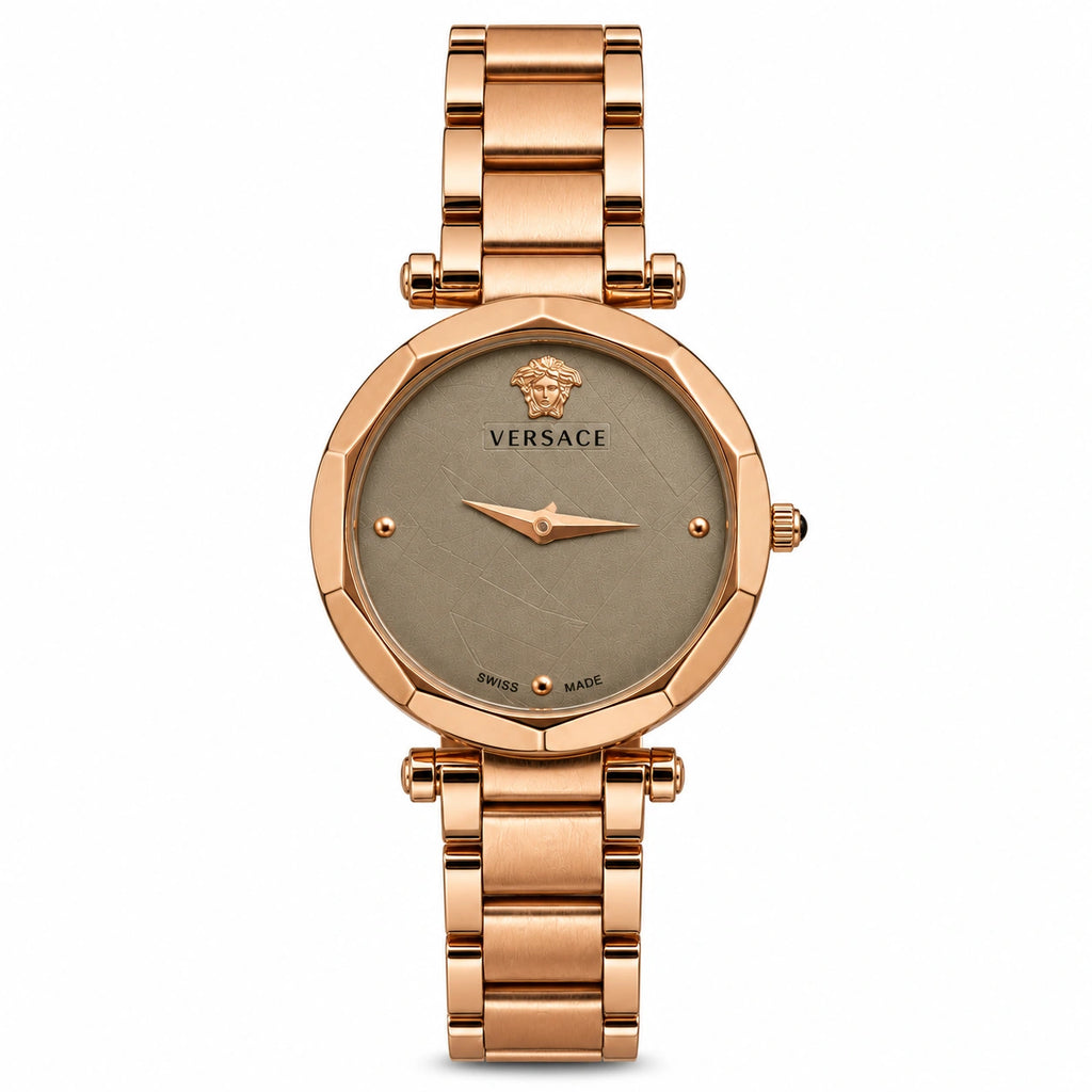 Versace Women's Rose Gold Analog Watch | Champagne Dial | Premium Stainless Steel Bracelet | Elegant Luxury Fashion Watch