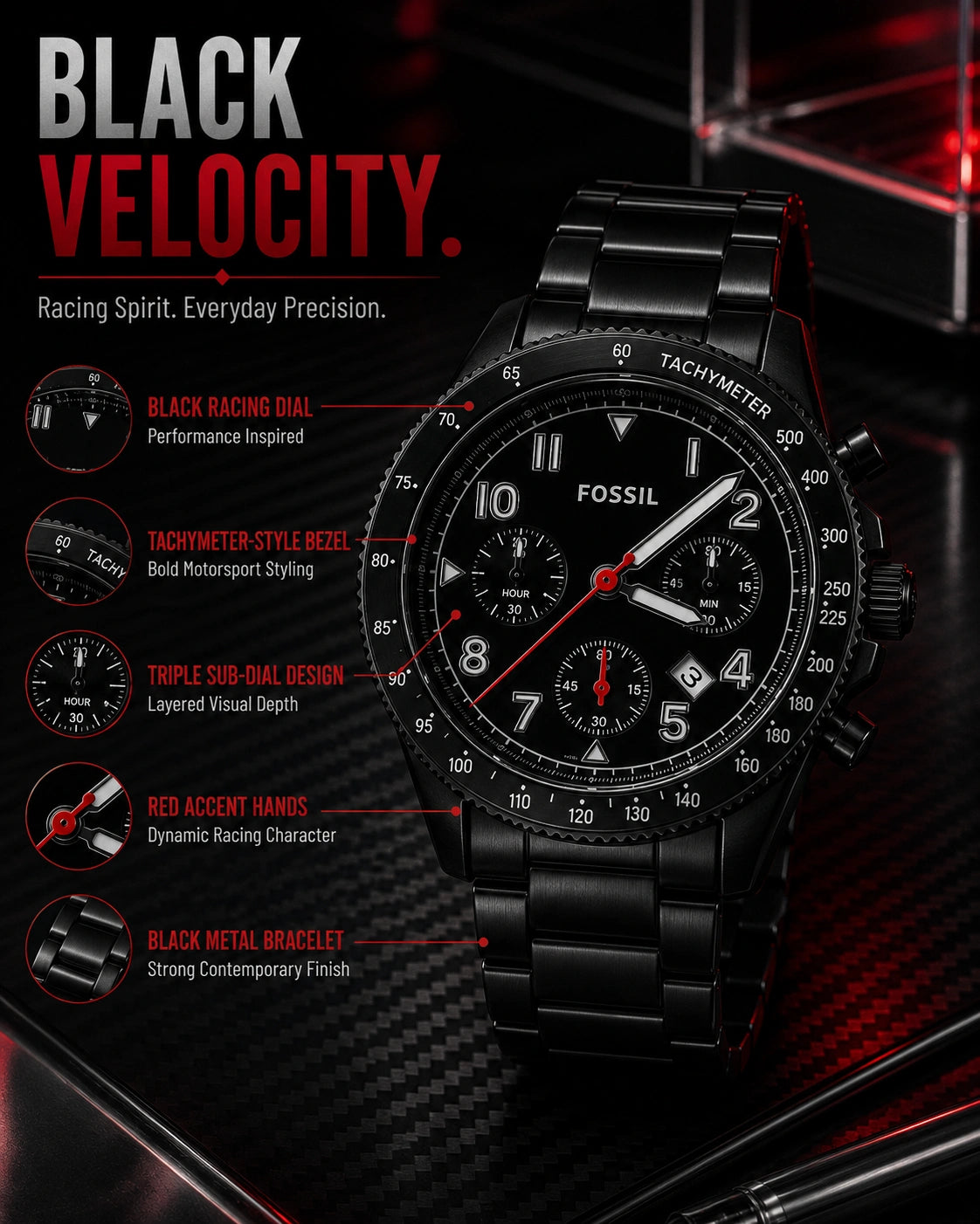 Fossil Black Velocity Premium Chronograph Style Men's Watch | Black Metal Strap | Racing-Inspired Design