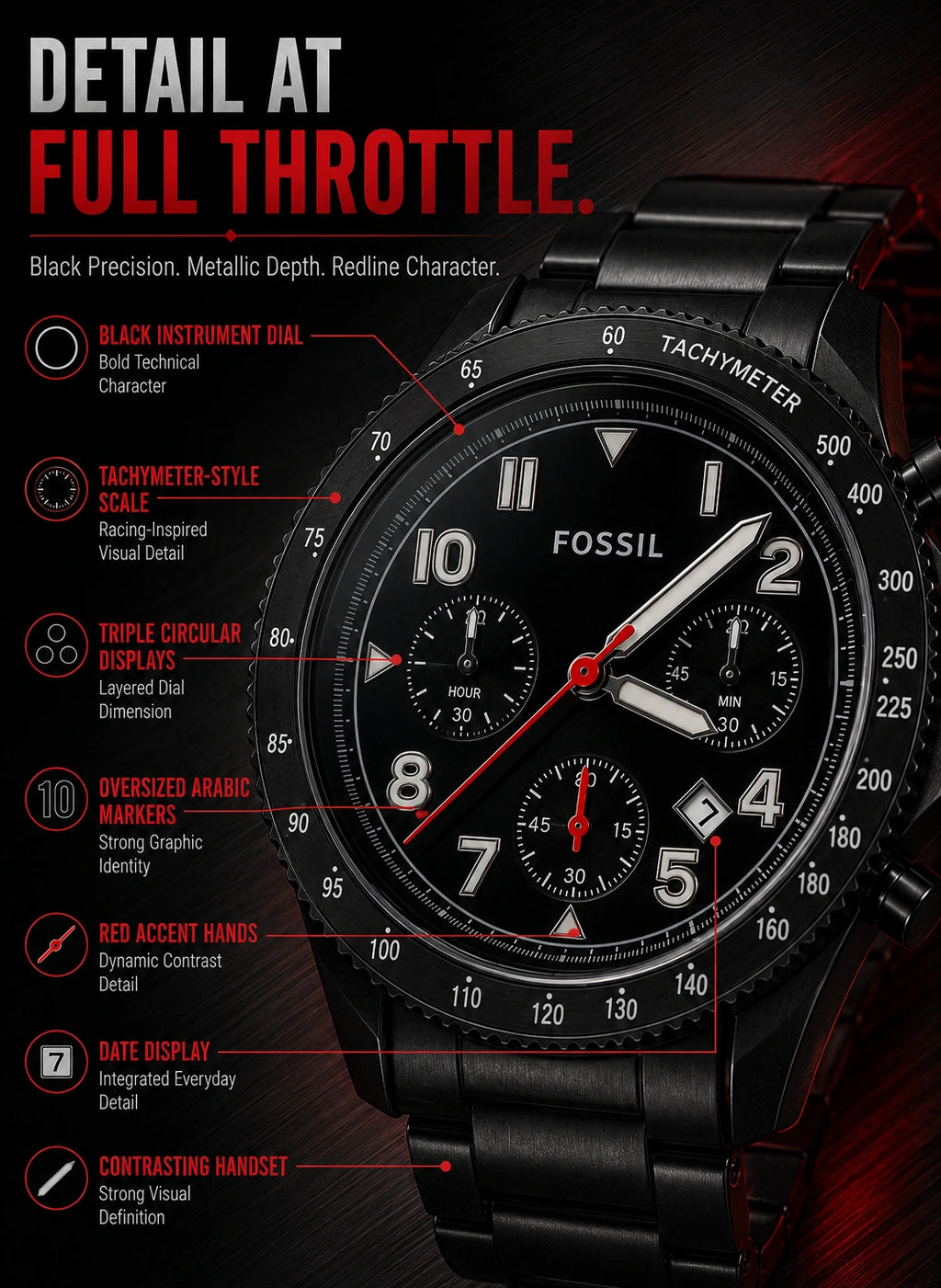 Fossil Black Velocity Premium Chronograph Style Men's Watch | Black Metal Strap | Racing-Inspired Design