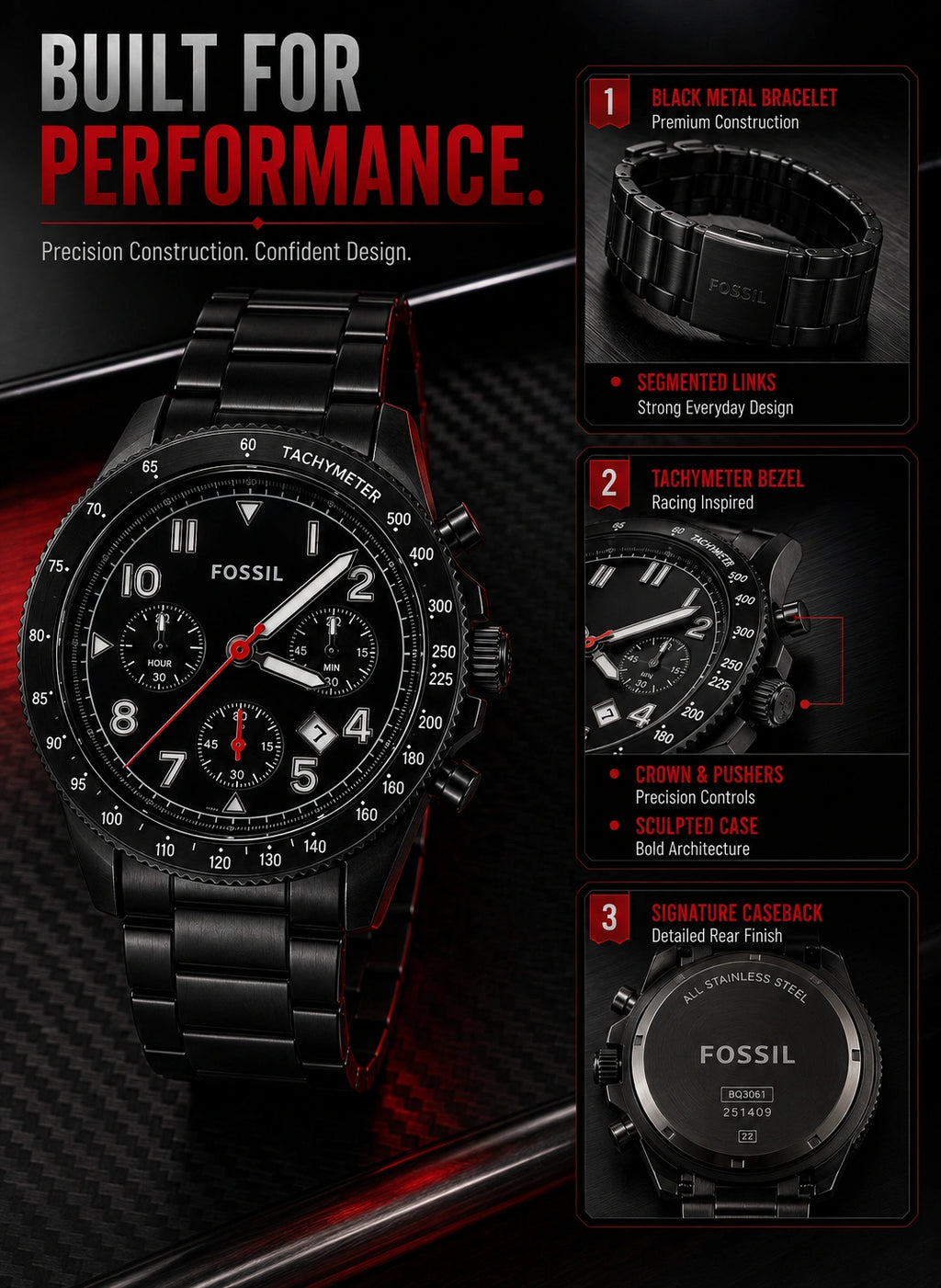 Fossil Black Velocity Premium Chronograph Style Men's Watch | Black Metal Strap | Racing-Inspired Design