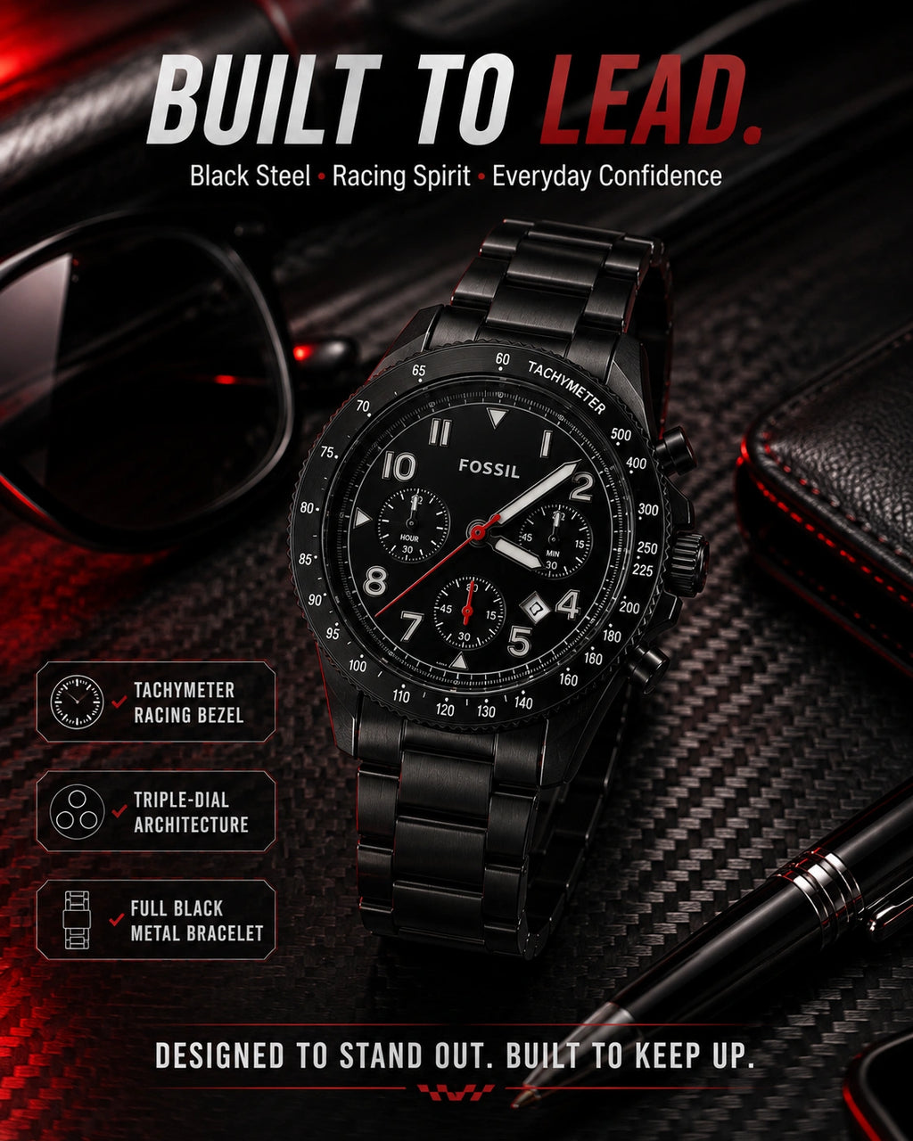 Fossil Black Velocity Premium Chronograph Style Men's Watch | Black Metal Strap | Racing-Inspired Design