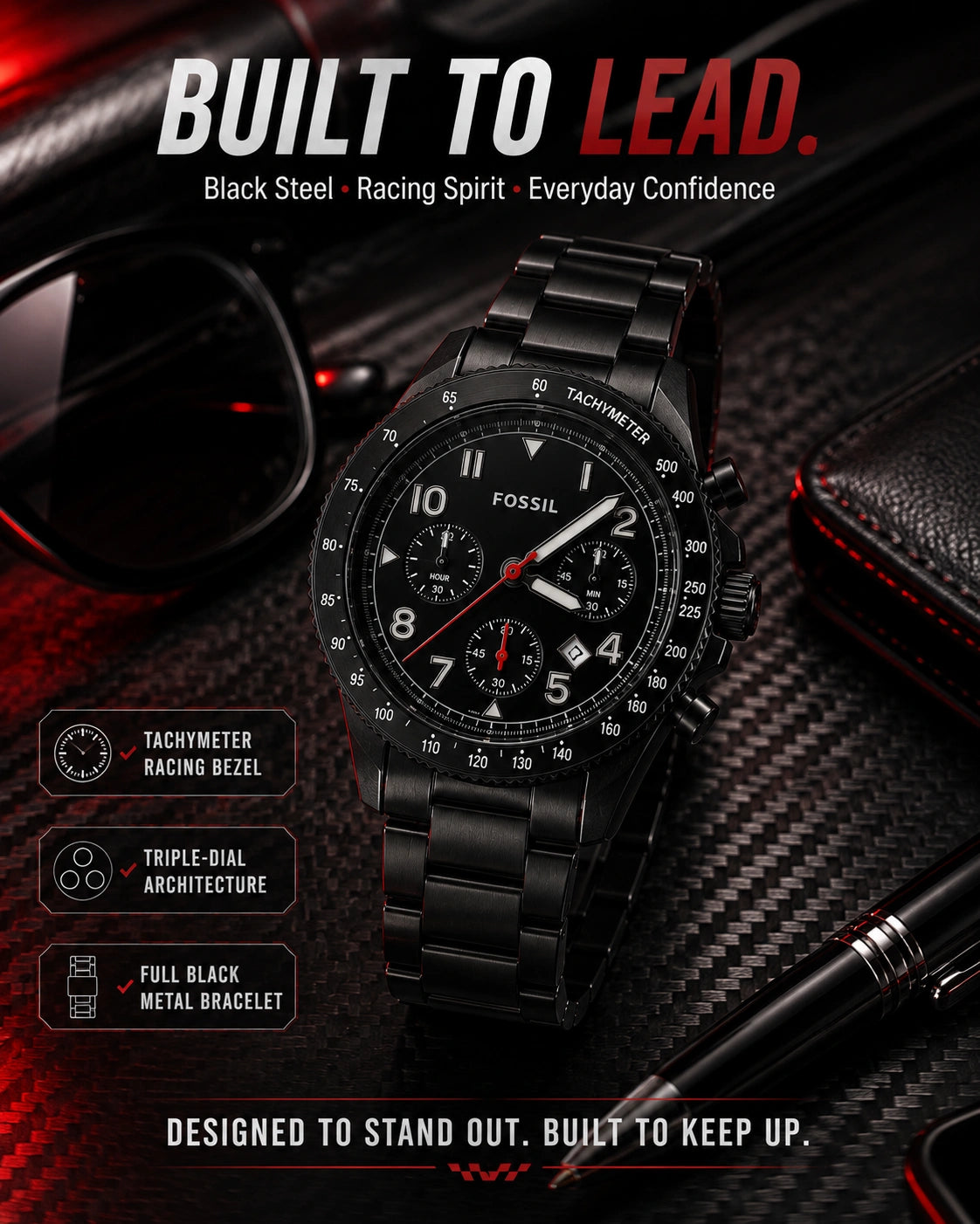 Fossil Black Velocity Premium Chronograph Style Men's Watch | Black Metal Strap | Racing-Inspired Design
