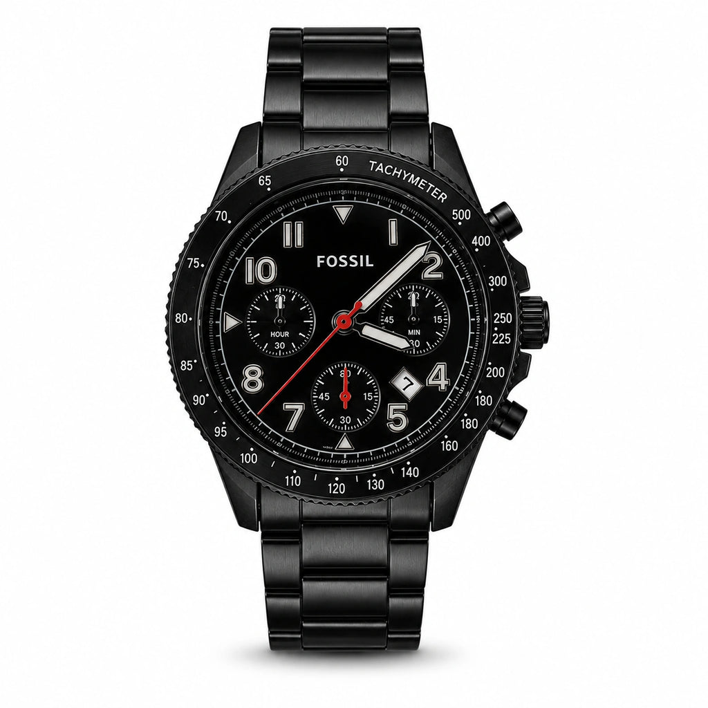Fossil Black Velocity Premium Chronograph Style Men's Watch | Black Metal Strap | Racing-Inspired Design